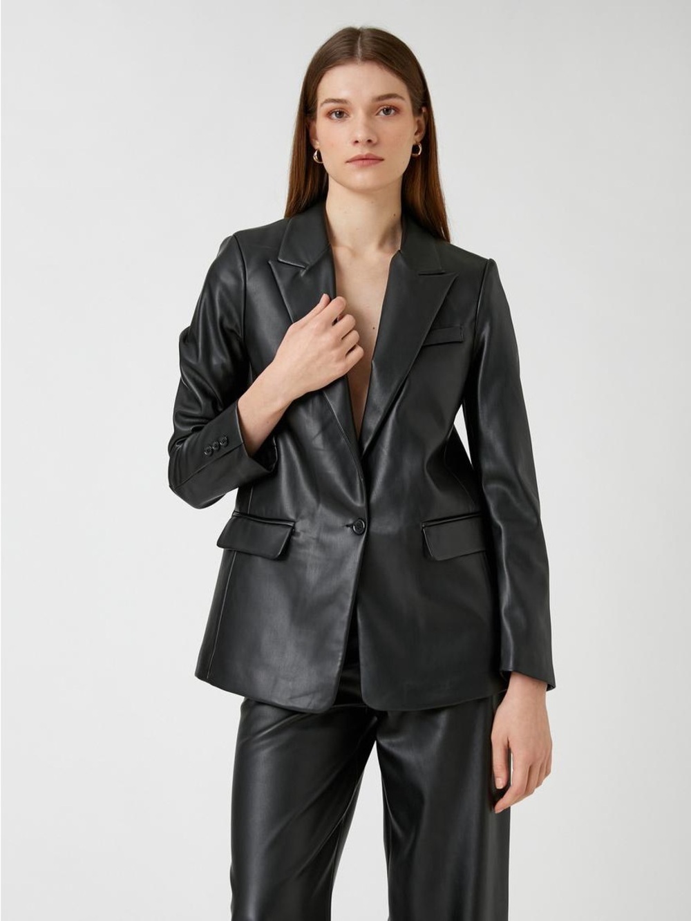 Koton Faux Leather Blazer Jacket in Black